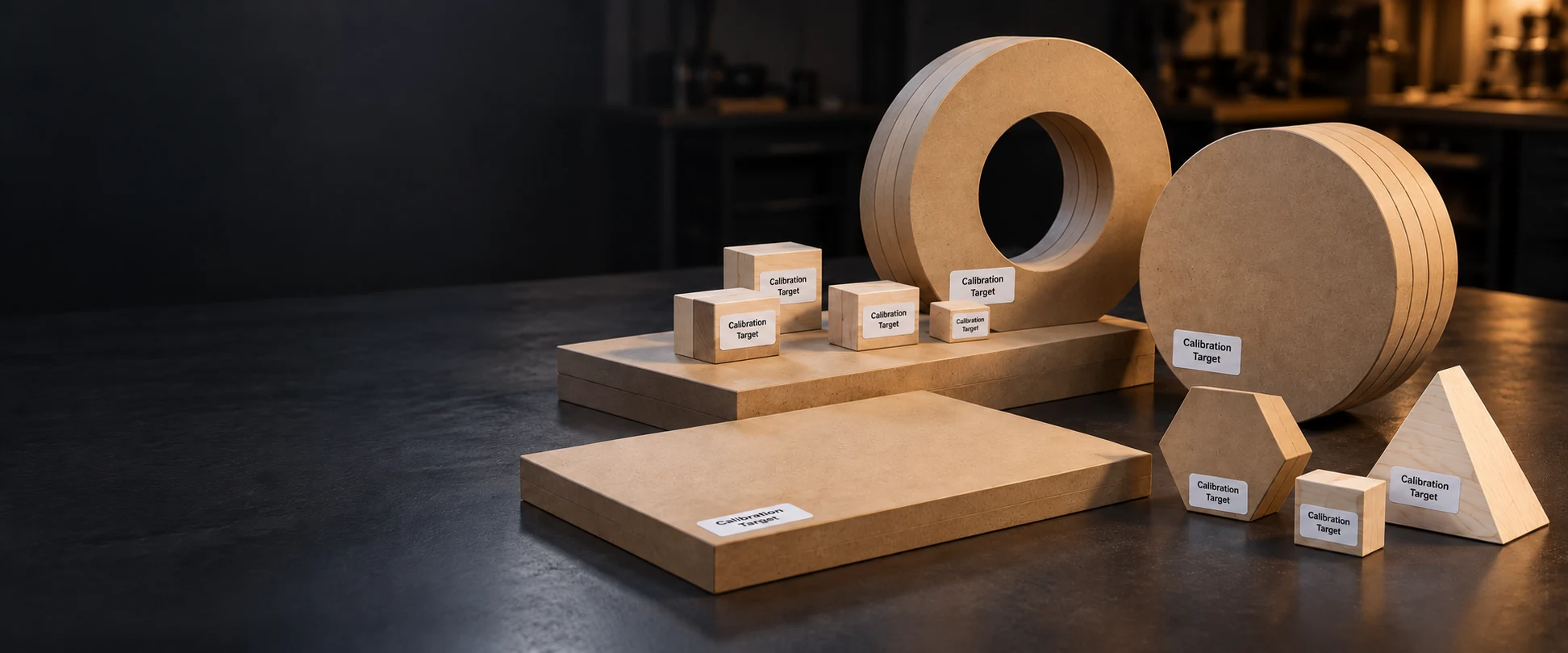 Custom wood and MDF calibration targets in rectangular, circular, ring, triangular, and hexagonal shapes