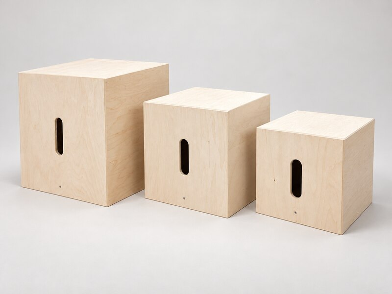 Three wooden cube calibration targets in descending sizes, each with a vertical carry handle opening.