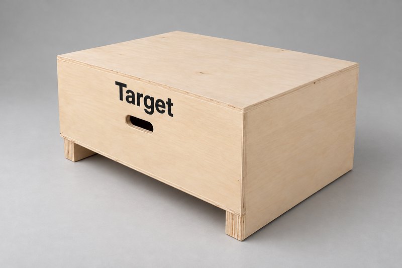 Studio presentation of a rectangular wooden dimensional test box with a handhold and Target lettering on its front.