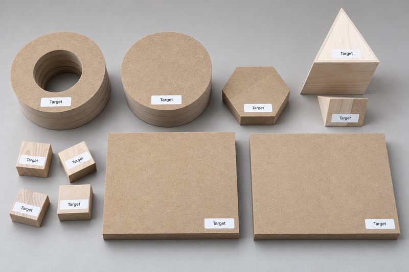 Studio presentation of wood and MDF rings, a solid cylinder, triangles, a hexagonal block and rectangular targets, each labeled Target.