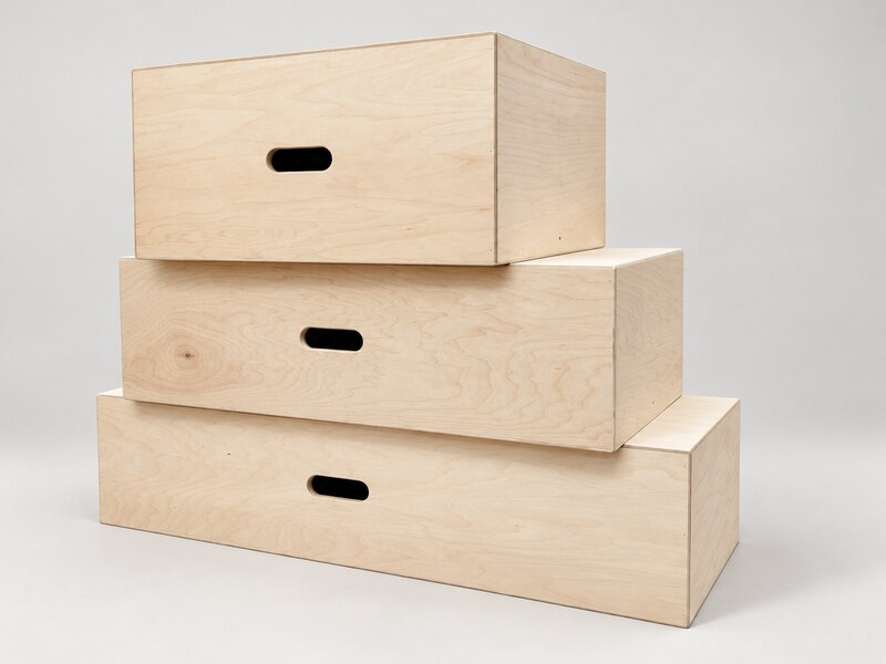 Three stacked rectangular wooden calibration targets, each with a horizontal carry handle opening.