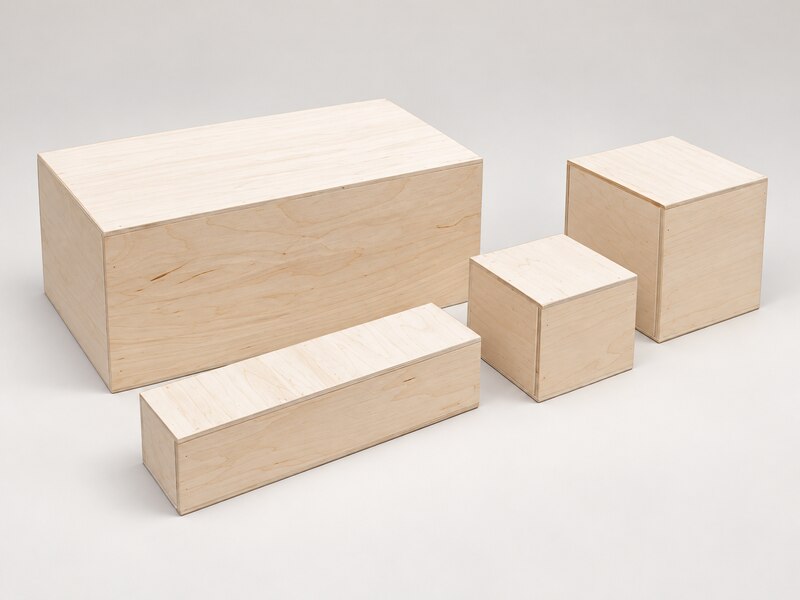Four wooden small sort calibration targets in assorted rectangular and cube shapes on a neutral studio background.
